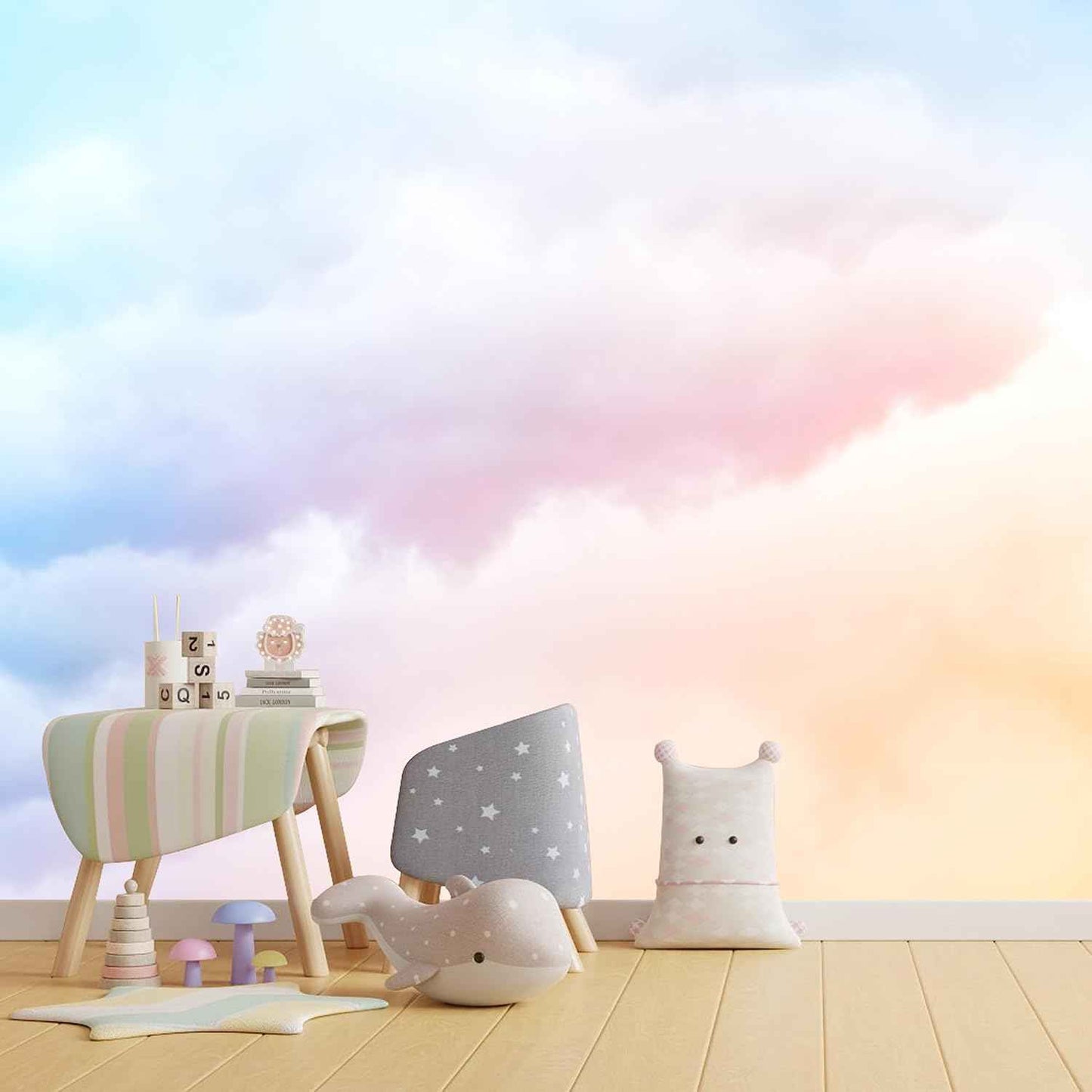 Pink Cloud Mural Wallpaper for Bedroom Living Room Kids Room Colorful Rainbow Wallpaper (Not Peel n' Stick)