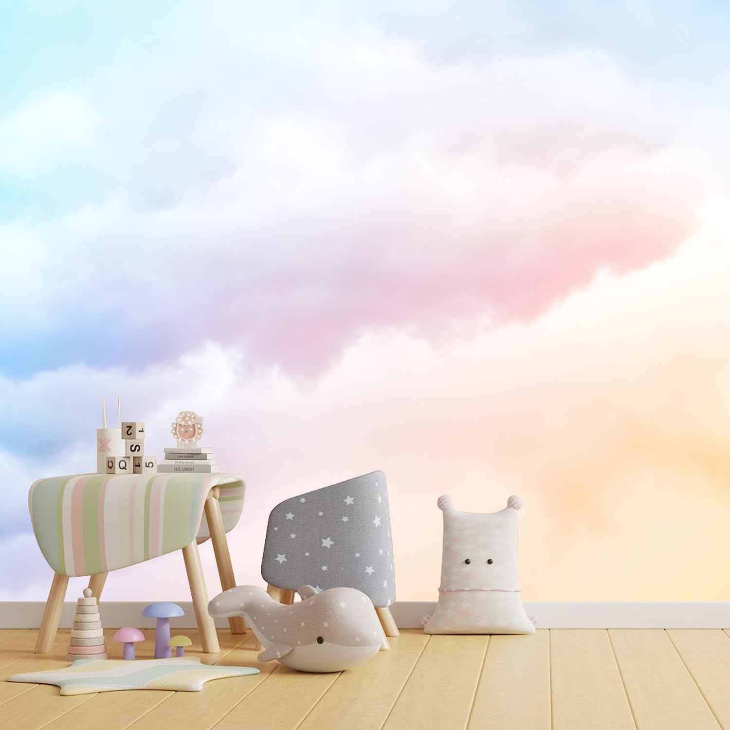 Pink Cloud Mural Wallpaper for Bedroom Living Room Kids Room Colorful Rainbow Wallpaper (Not Peel n' Stick)