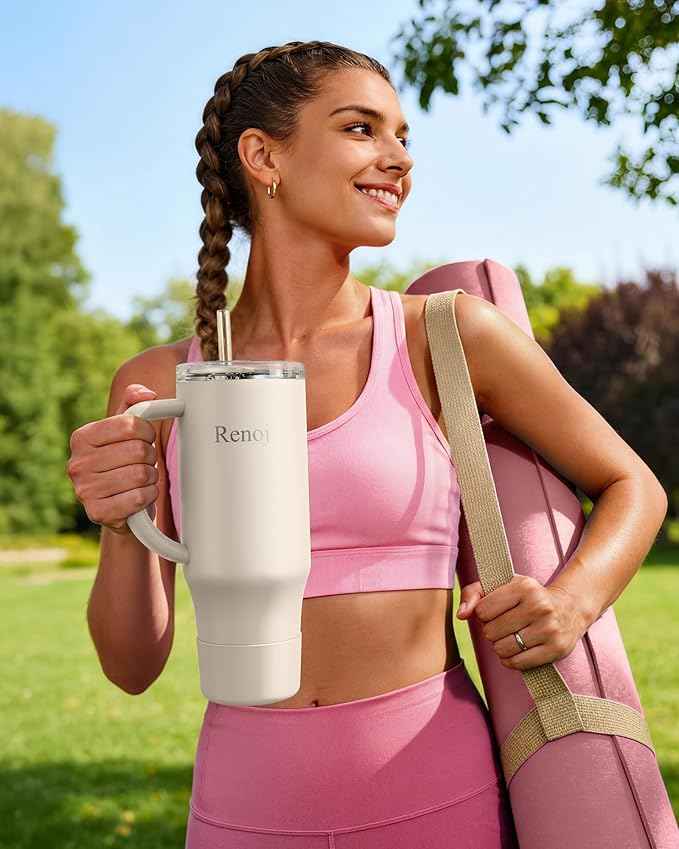 Renoj Insulated Mug 100% Spill Resistant Insulated Water Bottle for Iced Coffee & Hot Drinks - Fits Car Cup Holder, Ideal Gift, 2 Straws & Silicone Boot - FlexSlide White 32 oz