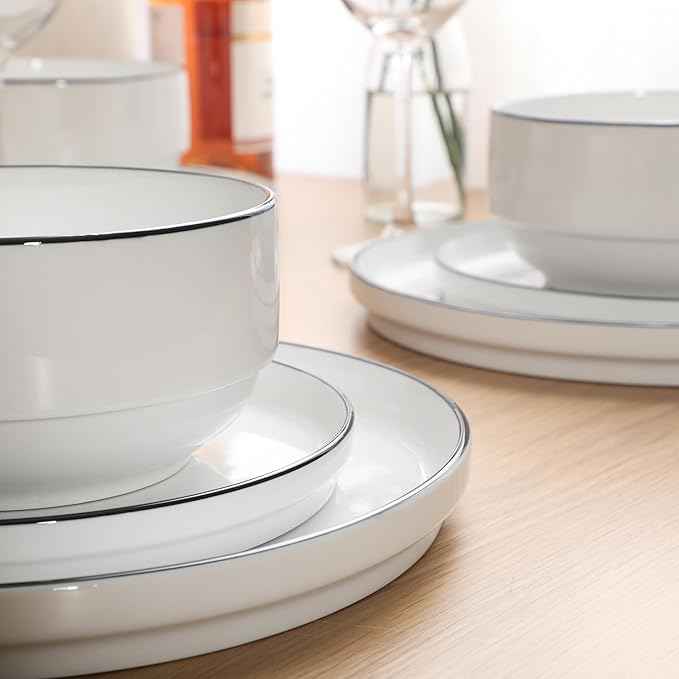 Gibson Home Rothernberg Plates and Bowls 18 Piece Porcelain White Dinnerware Set W/Black Rim | Stackable Dishes | Microwave & Dishwasher Safe
