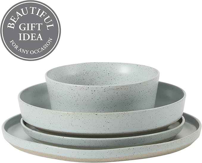 Gibson Elite Overbrook 16-Piece Pottery Clay Stoneware Dinnerware Set – Light Blue Reactive Glaze, Stackable Plates and Bowls w/Pasta Bowl, Service for 4 – Microwave & Dishwasher Safe