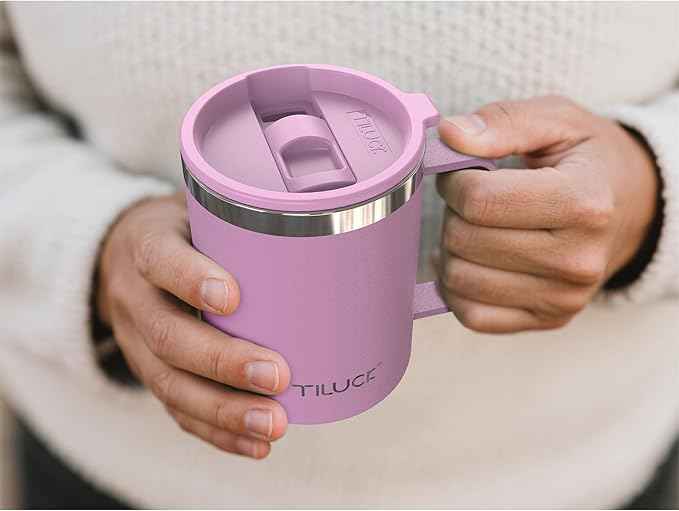 TILUCK 12 oz Insulated Coffee Mug with Lid, Double Wall Vacuum Insulated Travel Mug Cup with Handle for Hot or Cold Drinks（12oz，Matte Lilac）
