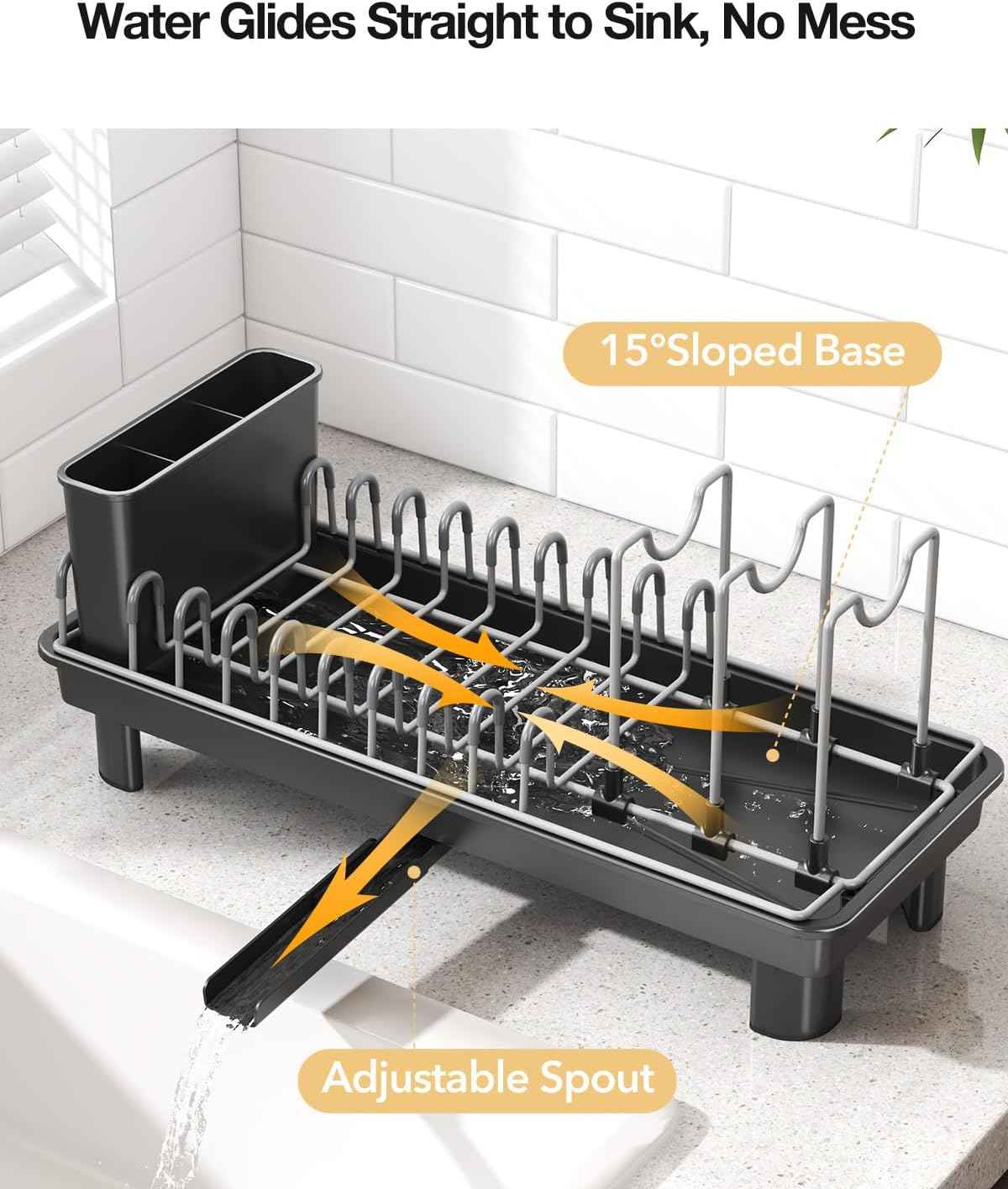 Small Dish Drying Rack Carbon Steel Dish Rack Rustproof for Kitchen Counter Compact Dish Drainer with Adjustable Slots for Small Kitchens & Apartments 16.5×6.5×7inch Black