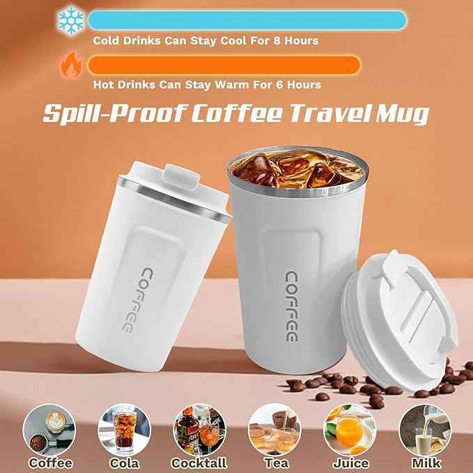 SPLMIFA Travel coffee mugs leak-proof, reusable coffee cups with lids, stainless steel vacuum insulated coffee tumblers, thermal insulation cups for men & women keep drinks hot & cold(2nd-White, 12OZ)
