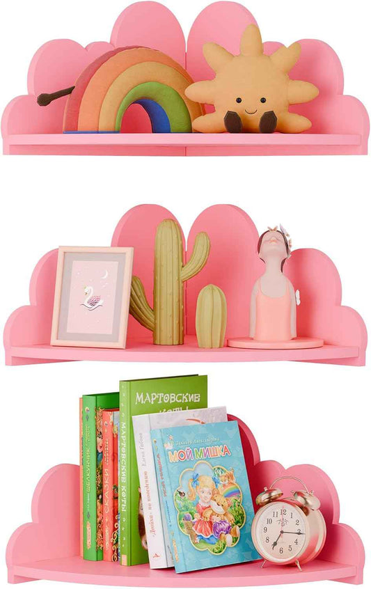 Cloud Floating Corner Shelves - Set of 3 Corner Wall Shelves for Kid’s Room, Corner Shelf Nursery Wall Deor, Small Cute Cloud Dispaly Shelf Wall Mounted for Toys, Plants & Storage,Pink.