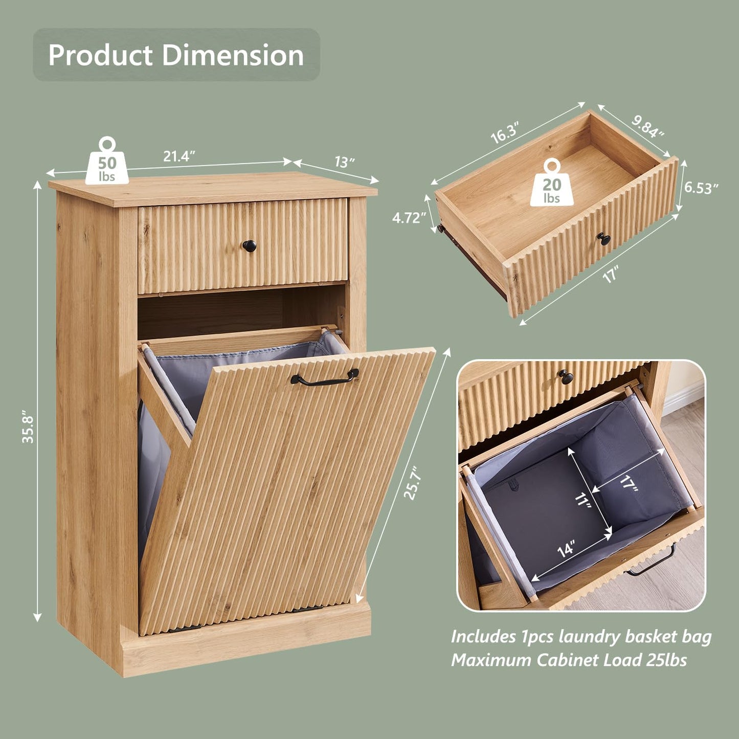 Modern Tilt-Out Trash Can Cabinet, 10 Gallon Fluted Laundry Hamper Cabinet with Drawers, Wooden Hidden Garbage Can Cabinet w/Storage Basket, Free Standing for Kitchen & Living Room,Natural Oak - Lumora Casa