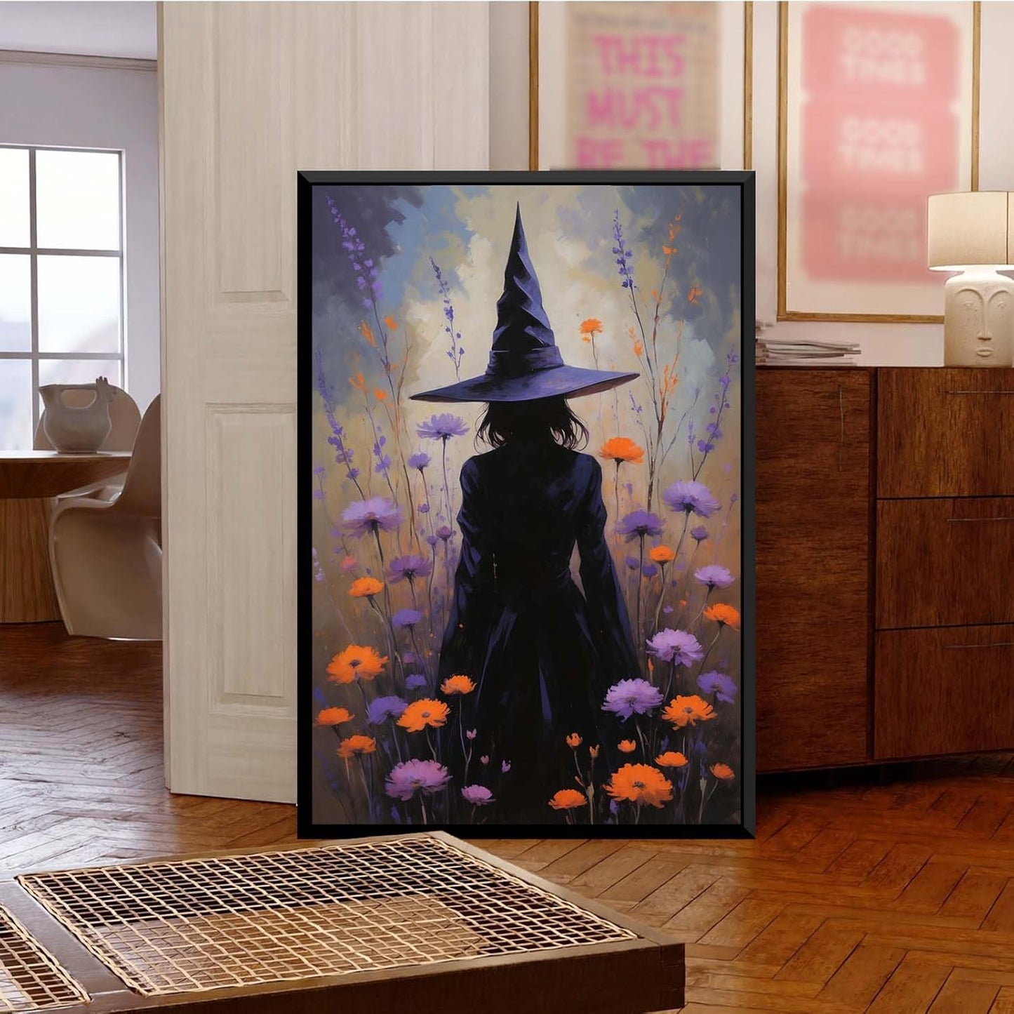 JFHCQJPK Country wildflower witch canvas print halloween mashup art witch purple decoration bohemian elegant art poster12x16in Metal blackFramed