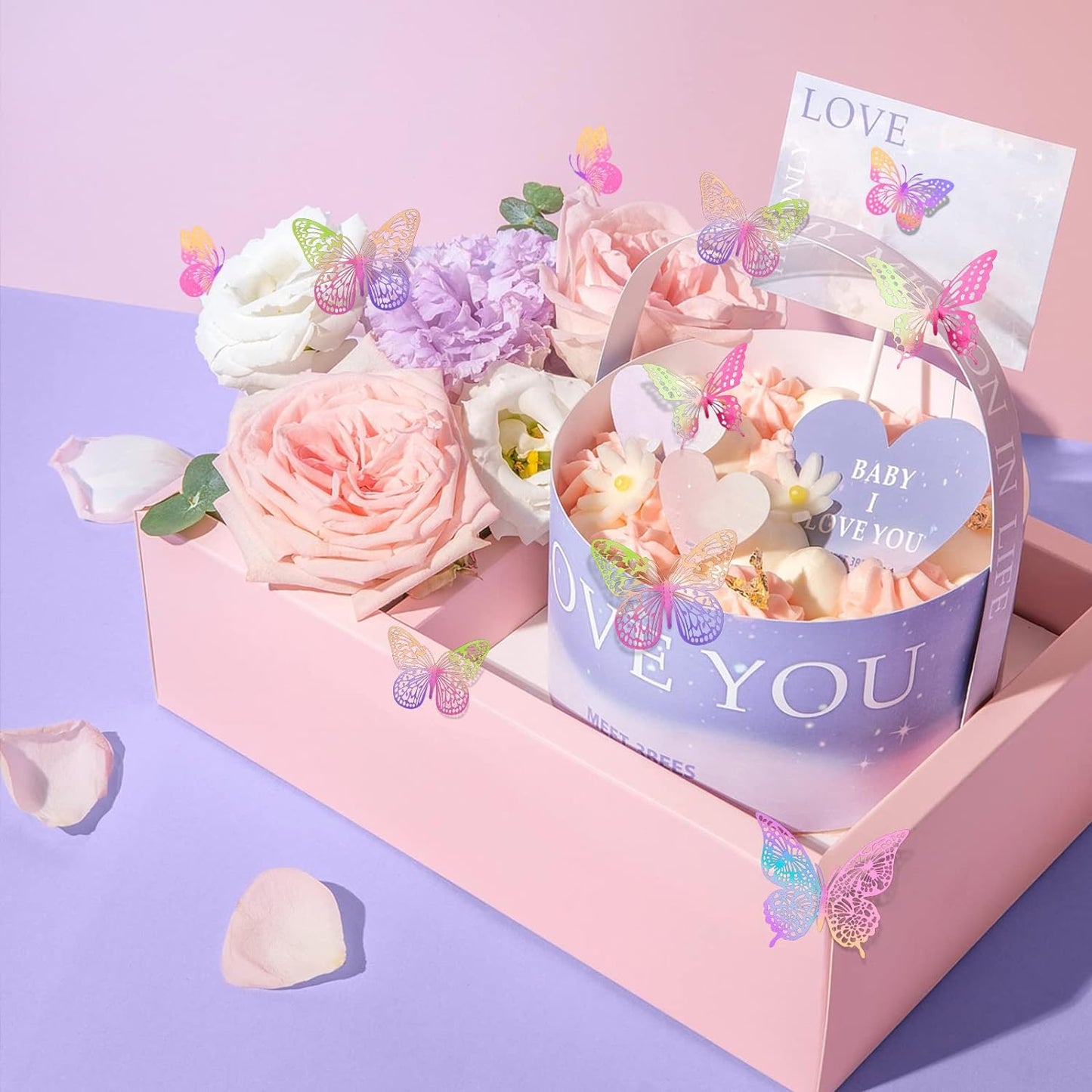 SAOROPEB 3D Butterfly Wall Decor 48 Pcs 4 Styles 3 Sizes, Purple Butterfly Decorations for Birthday Decorations Butterfly Party Decorations Cake Decorations, Removable Stickers (Laser Pinkpurple)