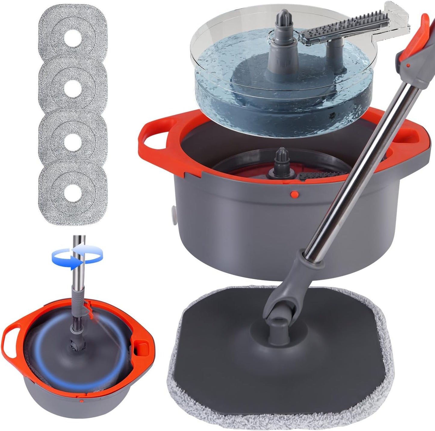 Spin Mop and Bucket Set with Separate Dirty and Clean Water,360° Spin Mop and Bucket System with Widening Foldable Handle,4 Replaceable Mop Pads,Square Mop for Floor Hardwood Tile Marble Wall Cleaning