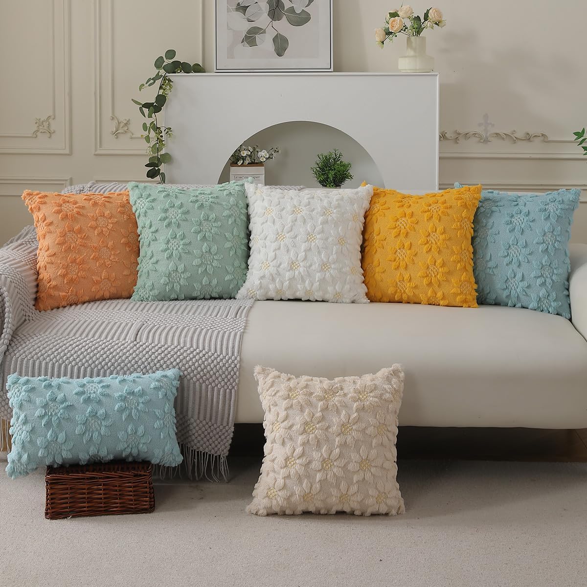 DFXSZ Spring Summer Pillow Covers 18x18 inch Set of 2 Farmhouse Decor Yellow Color Flower Heart Sunflower Soft Plush Faux Fur Jacquard Throw Pillows for Sofa Holiday Spring Home Decor PTK024C18