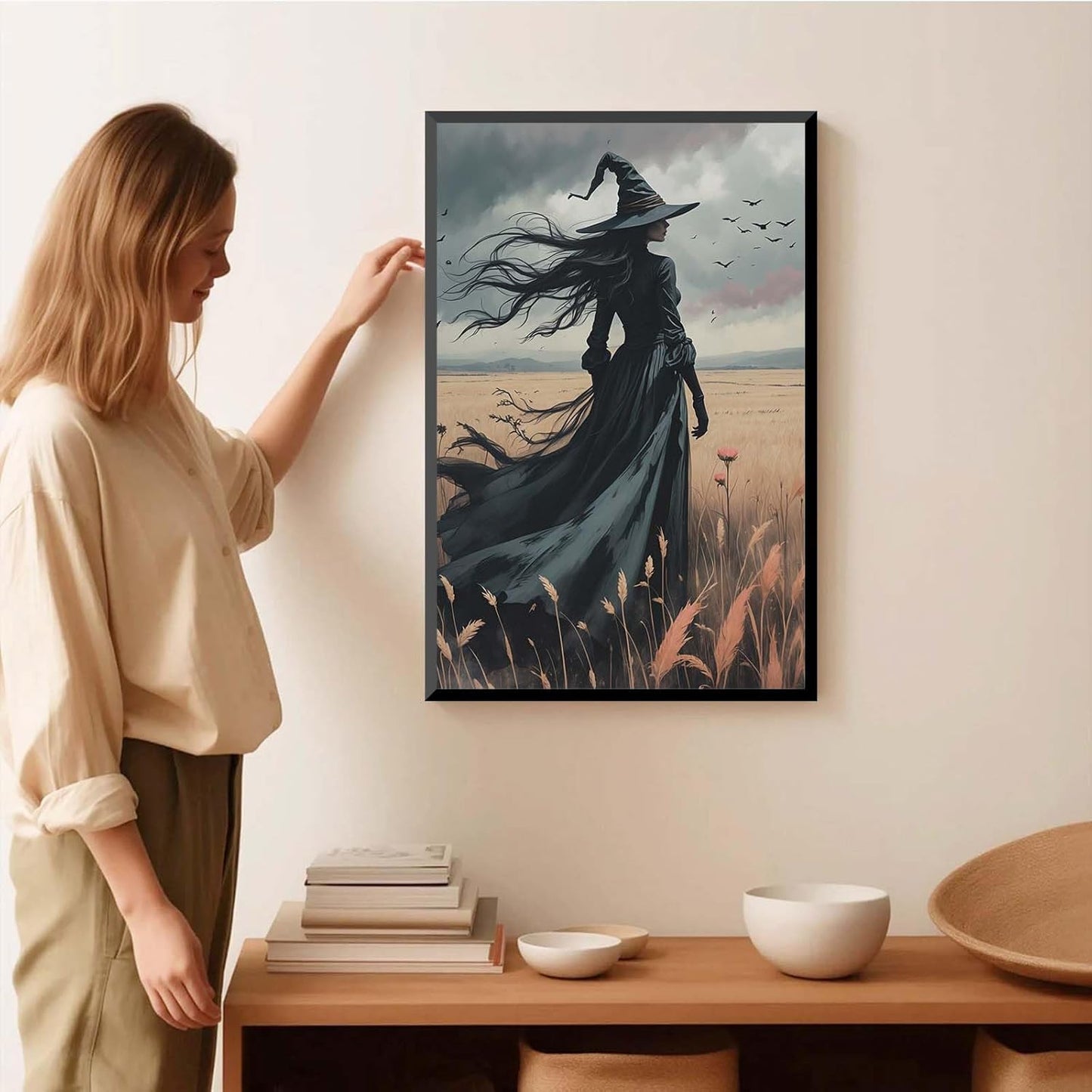 JFHCQJPK Gothic Decor Canvas Wall Art Witch in Rice Field Halloween Art Decor Print Nature Print Victorian Home Bedroom12x16in Metal blackFramed