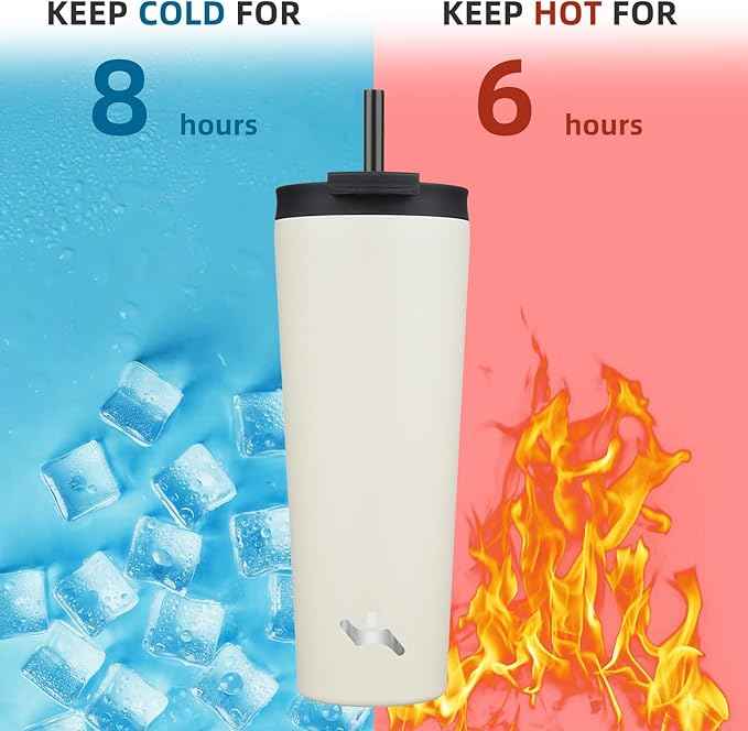 Konokyo 26 OZ Insulated Tumbler with Lid and 2 Straws Stainless Steel Water Bottle Vacuum Travel Mug Coffee Cup,Angel White