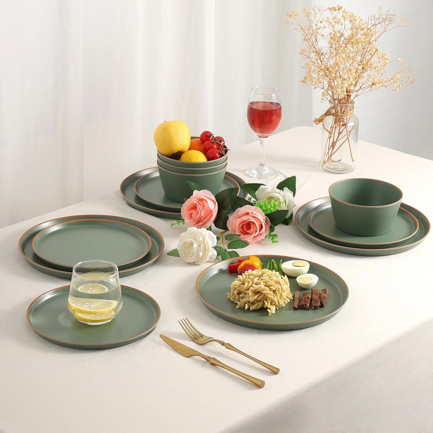 Melamine Dinnerware for 4, 12 Pieces Unbreakable Matte Plastic Plates and Bowls set, Kitchen Dish set BPA Free, Dishwasher Top Safe, Not Microwave, Not Oven (Green)