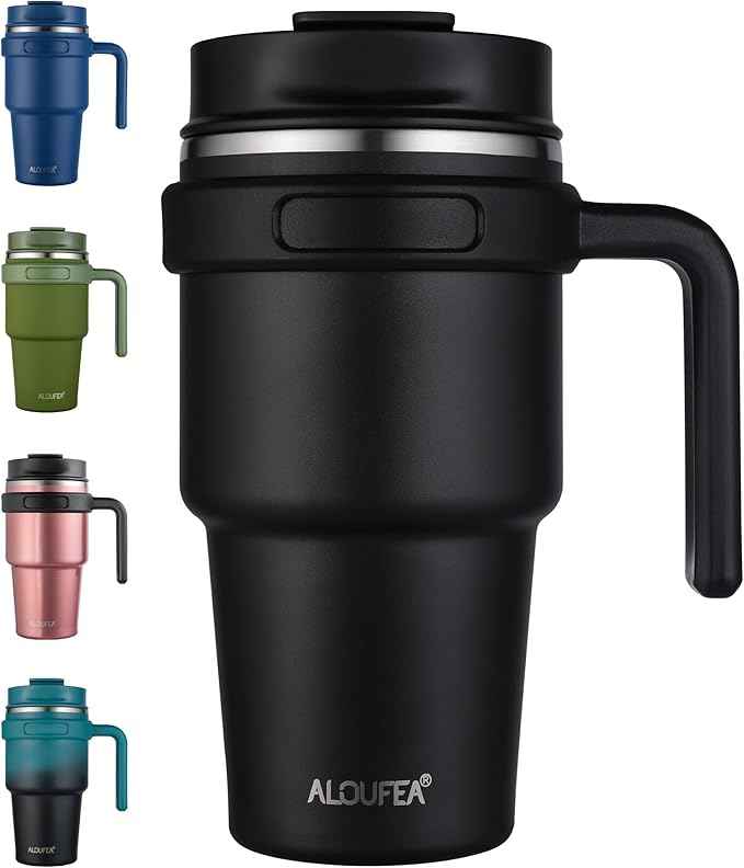 20 oz Insulated Coffee Mug Tumbler with Handle, Stainless Steel Travel Mug Tumbler with Lid and Straw,Double Wall Vacuum Leak Proof Ice Coffee Thermal Cup, Black