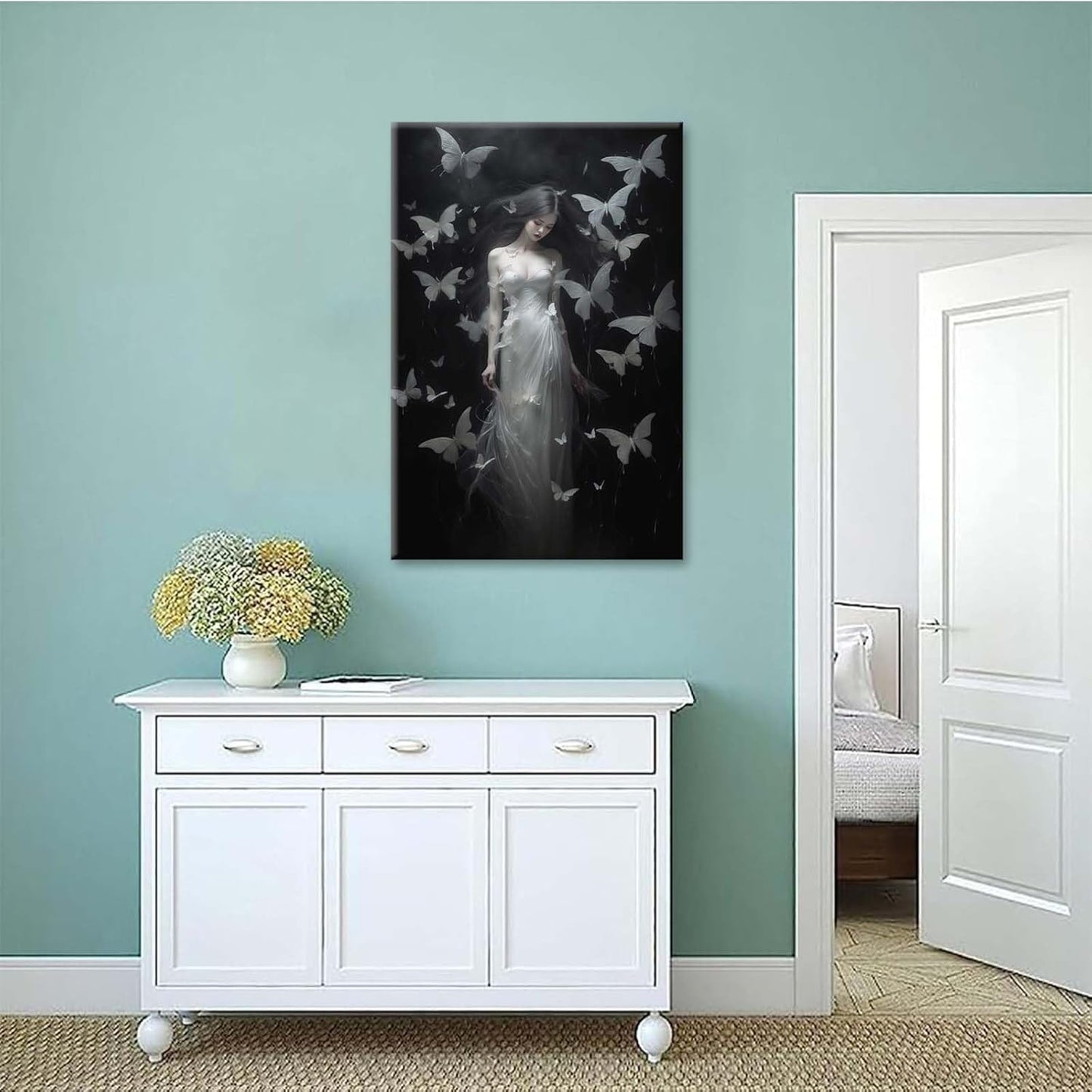 Vintage Gothic Feminine Canvas Wall Art Print Butterfly Poster Moody Female Wall Art Retro Artwork Dark College Decor for Home Bedroom16x24in Wood Framed