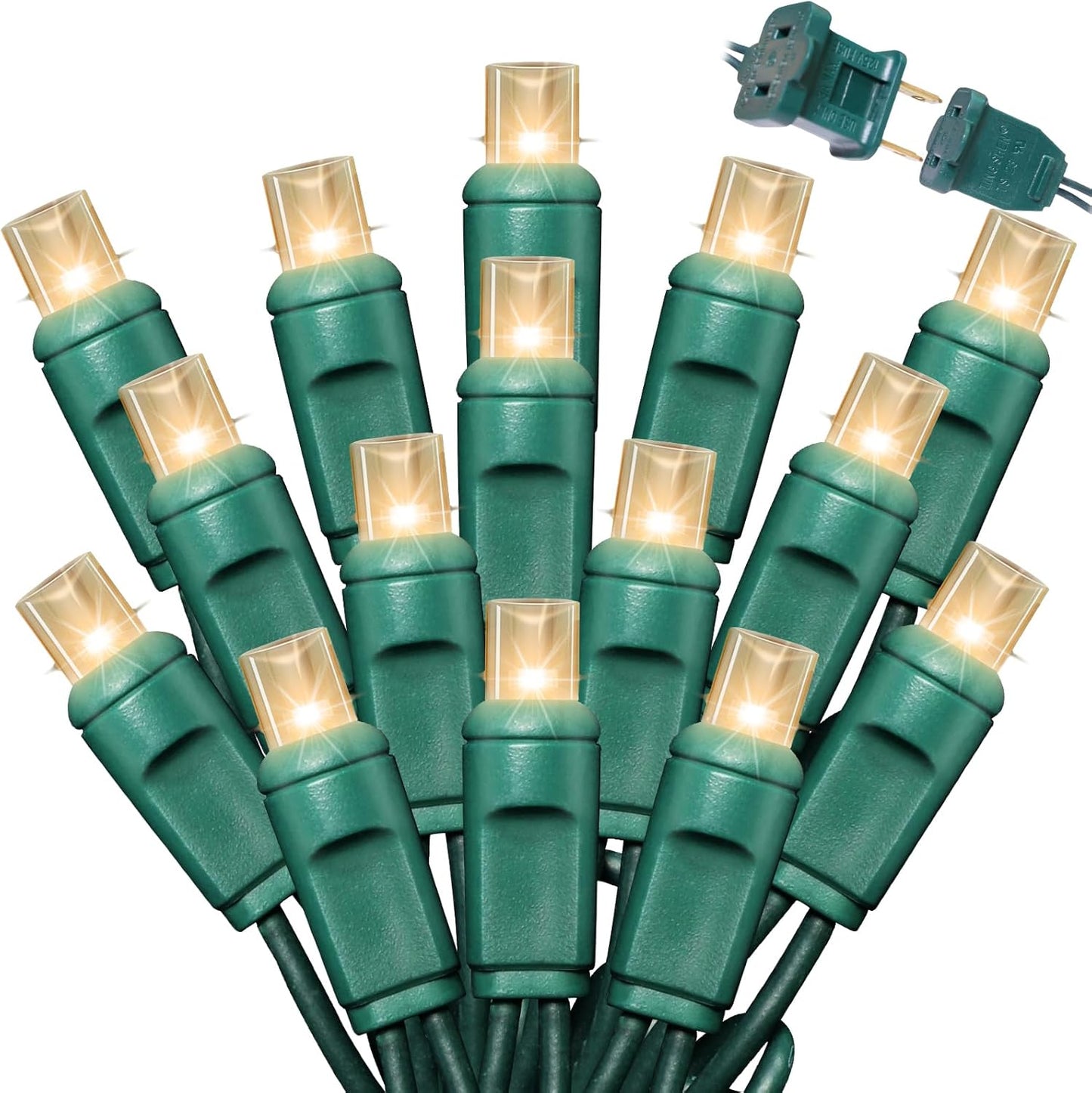 50Count String Lights, LED Christmas Lights, 6" SPACING,100% Quickly Twinkle,Green Wire,Warm White,Commercial Grade