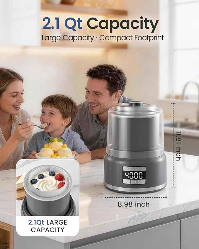 2.1 Qt Countertop Ice Cream Maker – Make Gelato, Sorbet & Frozen Yogurt in as Little as 20–30 Minutes, Fast Cooling, Visible Feeding Port, Easy 3-Button Control (Ash Gray)