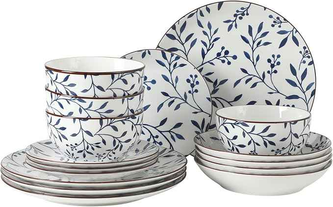 Gibson Home Palace Suite 16-Piece Dinnerware Set, Blue Floral Stoneware Plates & Bowls, Service for 4, Round Durable Everyday Dish Set