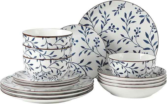 Gibson Home Palace Suite 16-Piece Dinnerware Set, Blue Floral Stoneware Plates & Bowls, Service for 4, Round Durable Everyday Dish Set