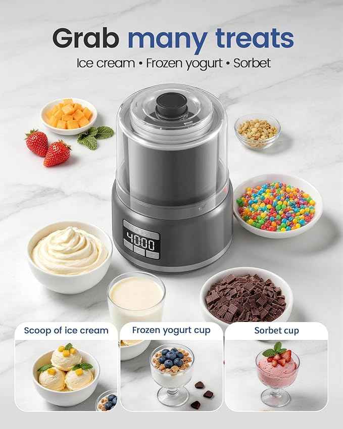 2.1 Qt Countertop Ice Cream Maker – Make Gelato, Sorbet & Frozen Yogurt in as Little as 20–30 Minutes, Fast Cooling, Visible Feeding Port, Easy 3-Button Control (Ash Gray)