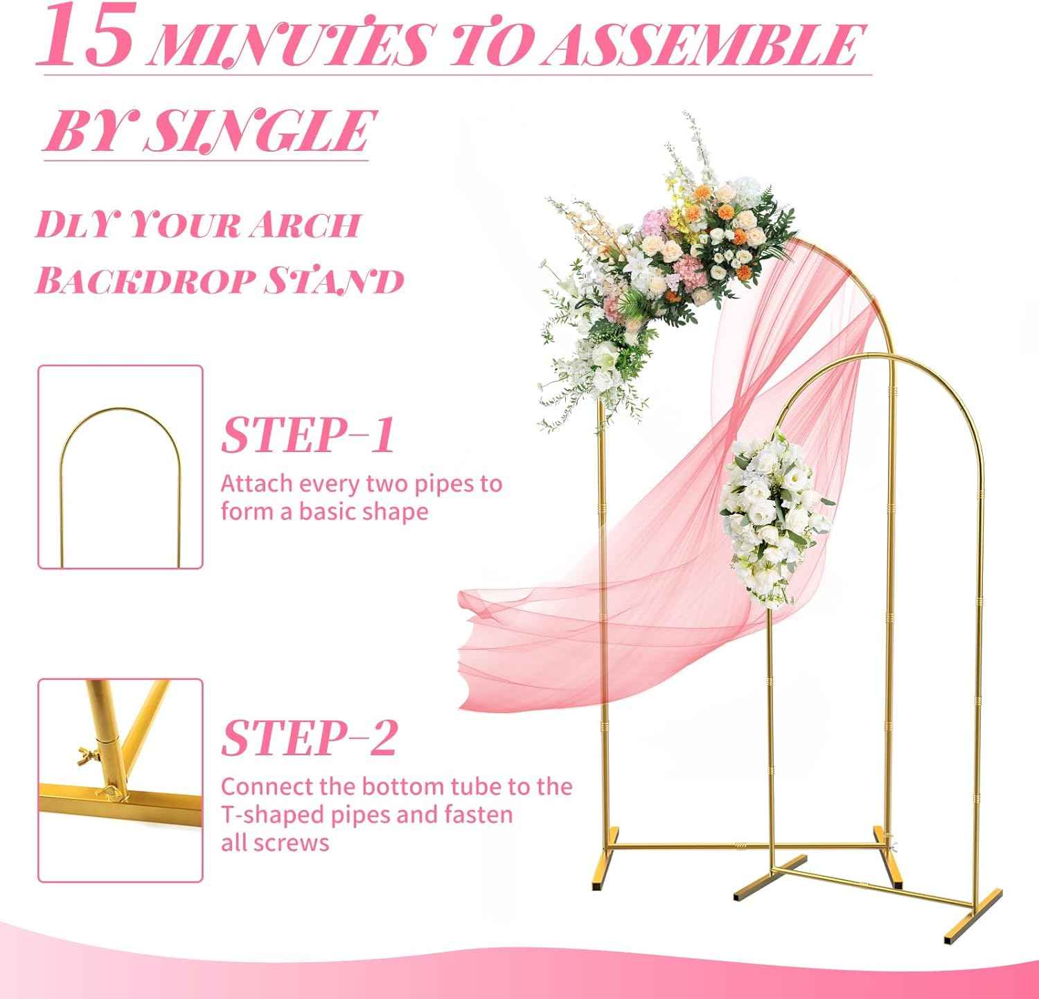 Metal Arch Backdrop Stand 7.2FT+6FT Wedding Arch Backdrop Stand Set of 2 Gold Backdrop Arch Stand Wedding Arch Frame for Wedding Ceremony Birthday Party Decoration Arbors of Metal