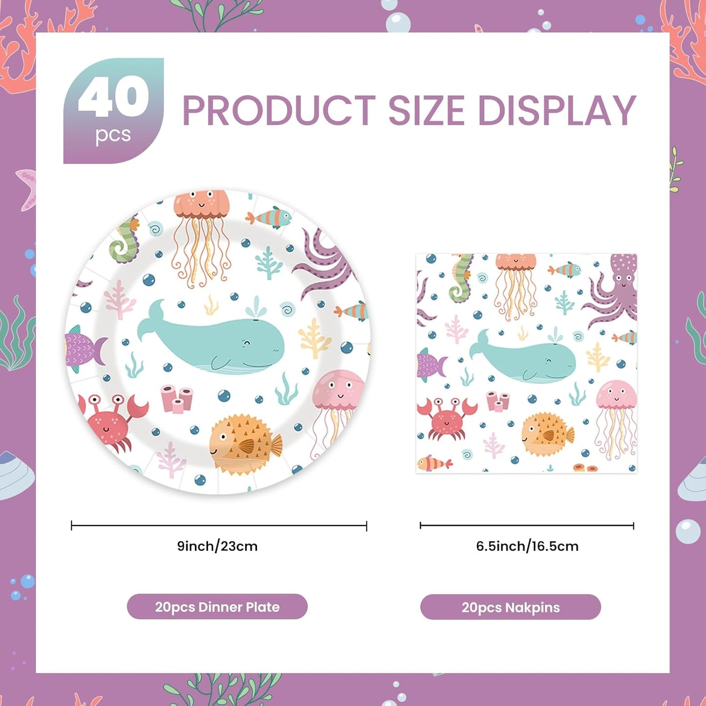 40 pcs summer pool Party Paper Plates and Napkins Disposable Party Decorations White Ocean 9 inch 20 pcs luau tropical Dessert Plates & 20 pcs Napkins Tableware for Fruit Cake