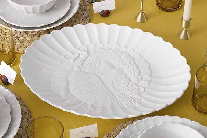 Lenox Serveware, Lenox French Perle Carved Turkey Platter, Scalloped, Oval, 18-Inch, Stoneware, Dishwasher Safe, Turkey Platter for Thanksgiving, Winter Hosting, Christmas Serving (White, 1 Piece)