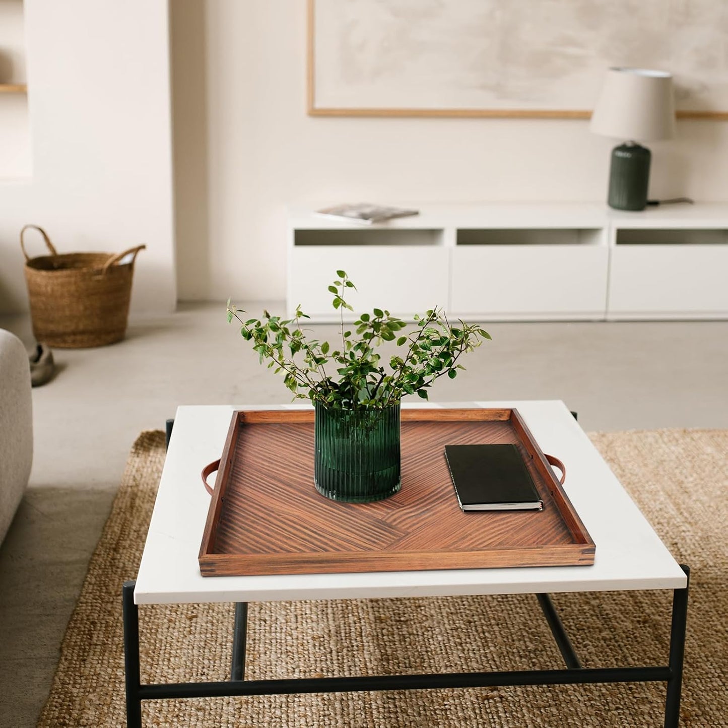 SXNOWS Large Ottoman Wood Trays, Wooden Serving Tray with Handles, Large Ottoman Tray, Square Wooden Serving Tray for Coffee Table, Living Room and Kitchen, 24 x 24 inch