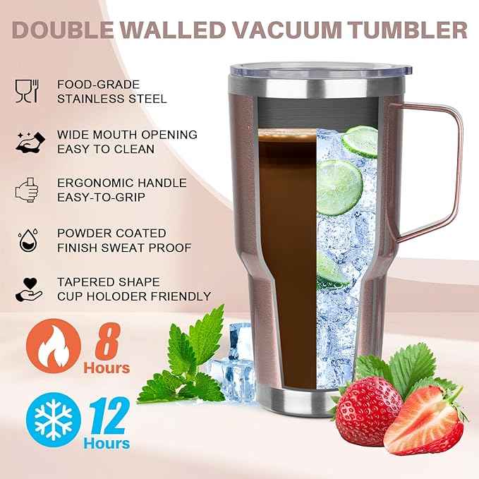 30 oz Stainless Steel Tumbler with Handle, Double Wall Vacuum Insulated Coffee Mug Tumbler with Lid and Straw, Thermal Cup for Cold and Hot (Rose Gold)