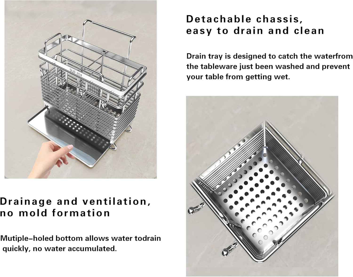 Sturdy 304 Stainless Steel Utensil Drying Rack, Basket Holder with Hooks 2 Compartments Draining Basket, Rust Proof, No Drilling,Kitchen Dish Drainer Dish Drying Rack