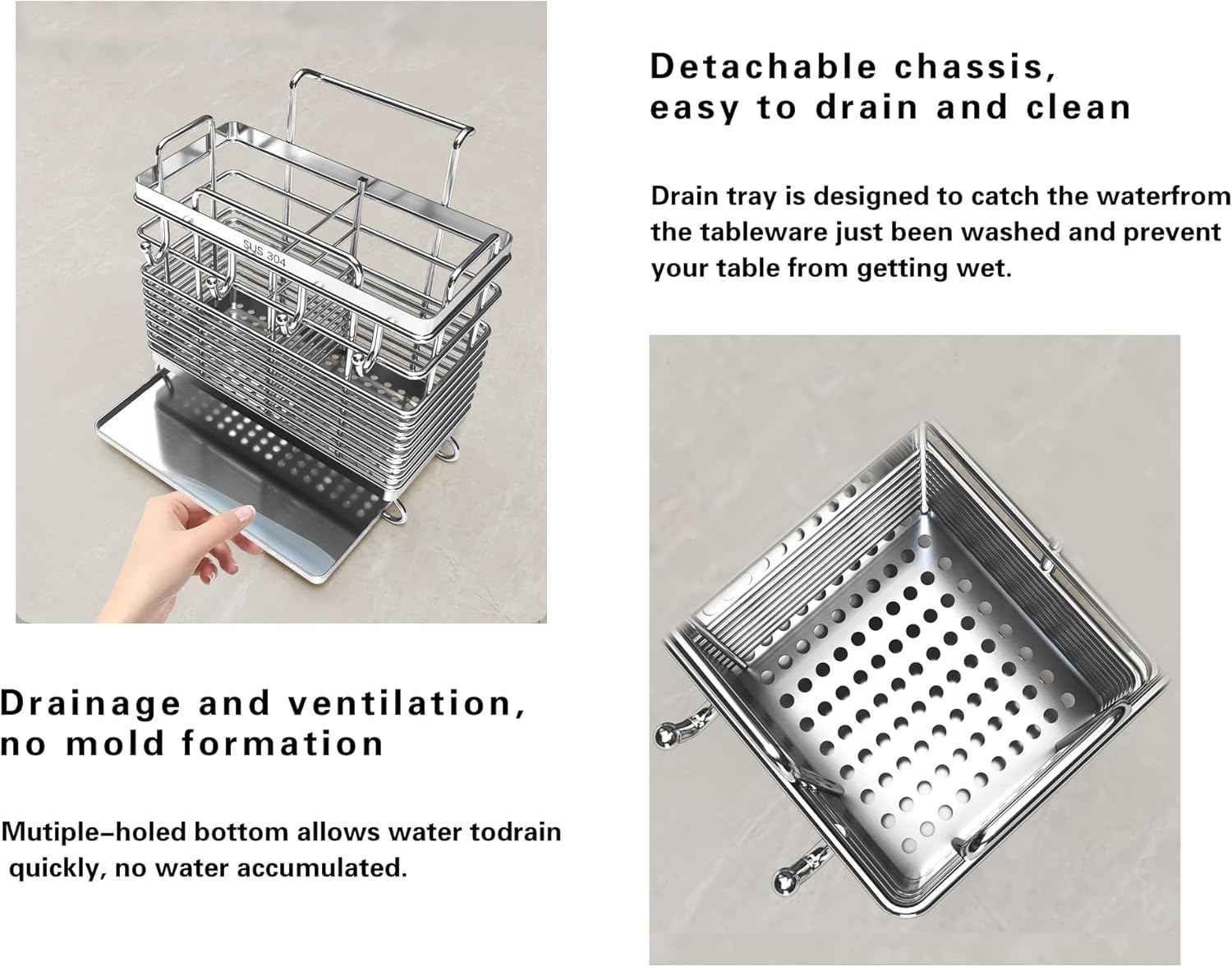 Sturdy 304 Stainless Steel Utensil Drying Rack, Basket Holder with Hooks 2 Compartments Draining Basket, Rust Proof, No Drilling,Kitchen Dish Drainer Dish Drying Rack