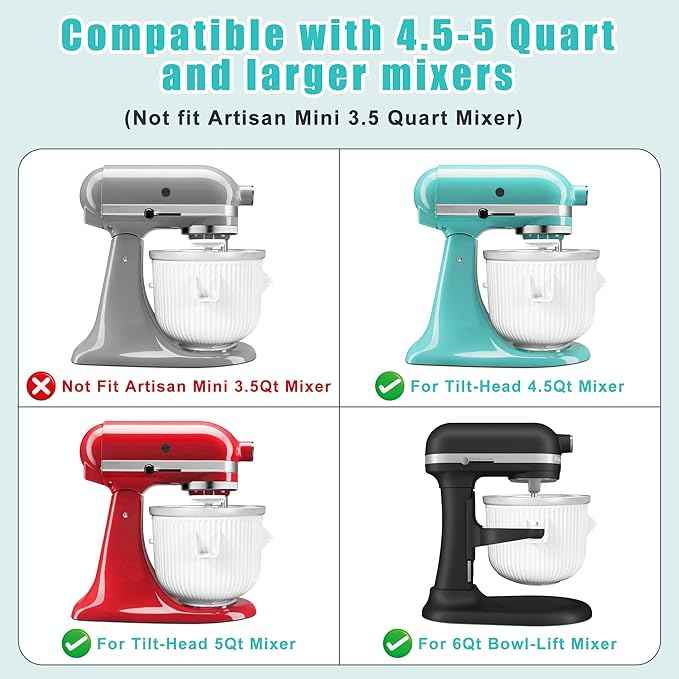 Ice Cream Maker Attachment for KitchenAid Stand Mixer, Kithcen aid Ice Cream Maker Attachment - Compatible with 4.5 QT and Larger Stand Mixers, 2-Quart Frozen Ice Cream Bowl for Homemade Frozen Treats