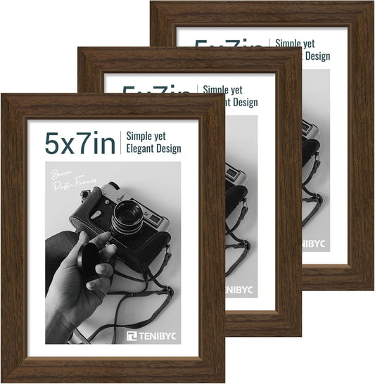 5x7 Picture Frame 3 Pack - Brown Woodgrain, Wood Photo Frame, HD Tempered Glass, Table Display or Wall Hanging