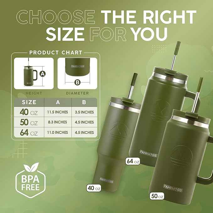 FAHRMOSIS 50 Oz Tumbler with Handle and Straw Large Insulated Tumbler Stainless Steel Travel Mug for Hot & Cold Drinks, Reusable Water Bottle with Lids and Straw - Army Green
