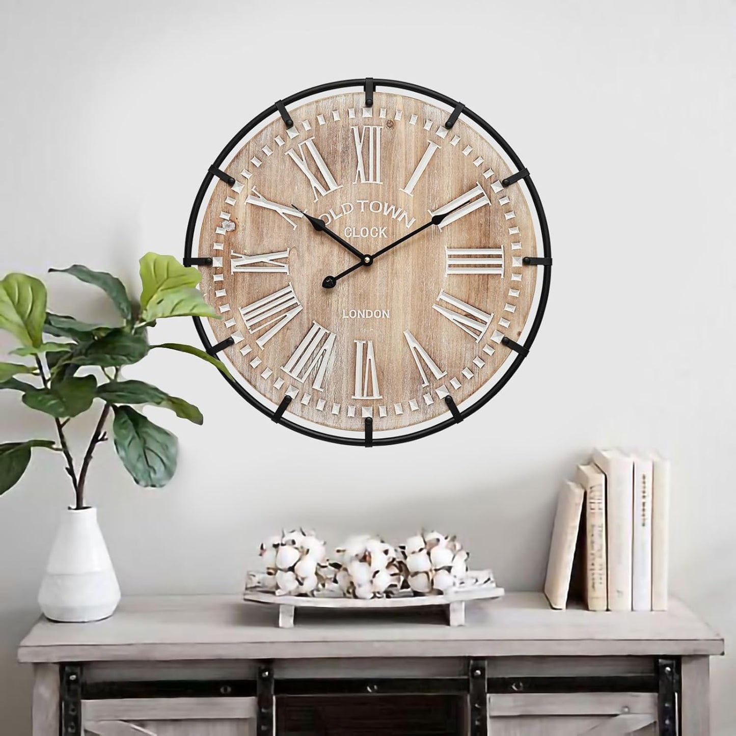 20 Inch Large Farmhouse Wall Clock, Rustic Antique Wood with Metal Circle and Large Engraved Numerals, Silent Battery Operated Wall Clock for Office Kitchen Bedroom Living Room