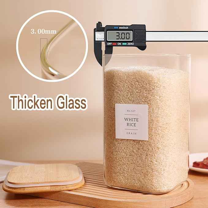 CZZGSM 2 Pack Square Glass Flour and Sugar Containers with 132 Kitchen Pantry Labels - Thicken 149 FL OZ Large Glass Storage Jars with Airtight Bamboo Lid - Big Food Canisters for Rice, Pasta, Cookie