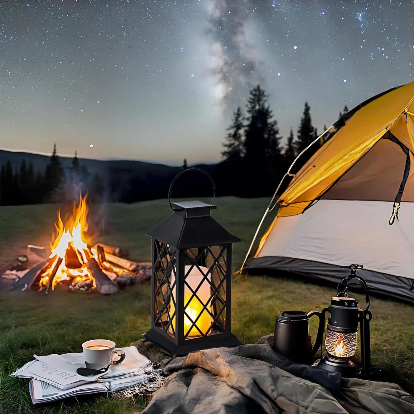 Simplelight 11 Inch Decorative Lanterns-IP44 Waterproof Outdoor Hanging Lantern, Battery Operated Decorative Lantern for Patio, Table, Fireplace with Timer, Black Color (1)