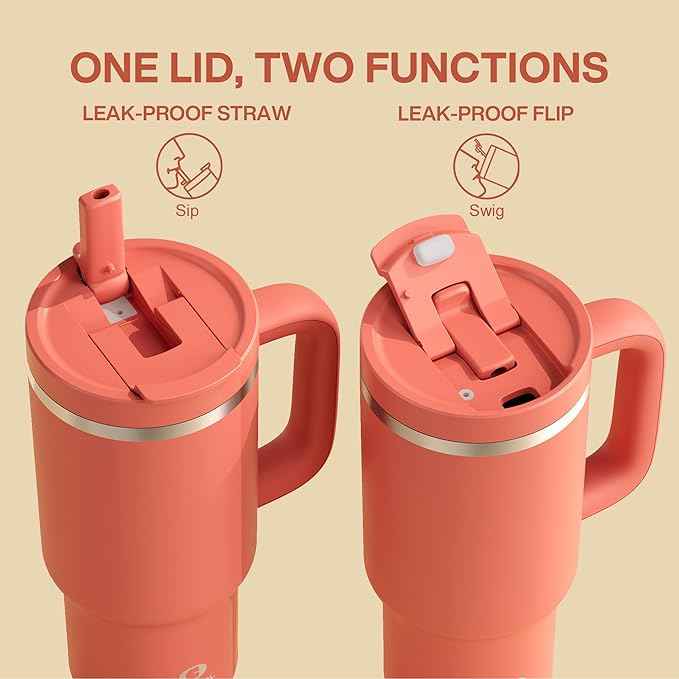 ENCOOL 32 oz Tumbler with Handle and Straw: Stainless Steel Insulated Tumbler Keeps Cold for 24 Hours, Leakproof Travel Cup Fits in Cup Holder and BPA-Free,Tawny Orange