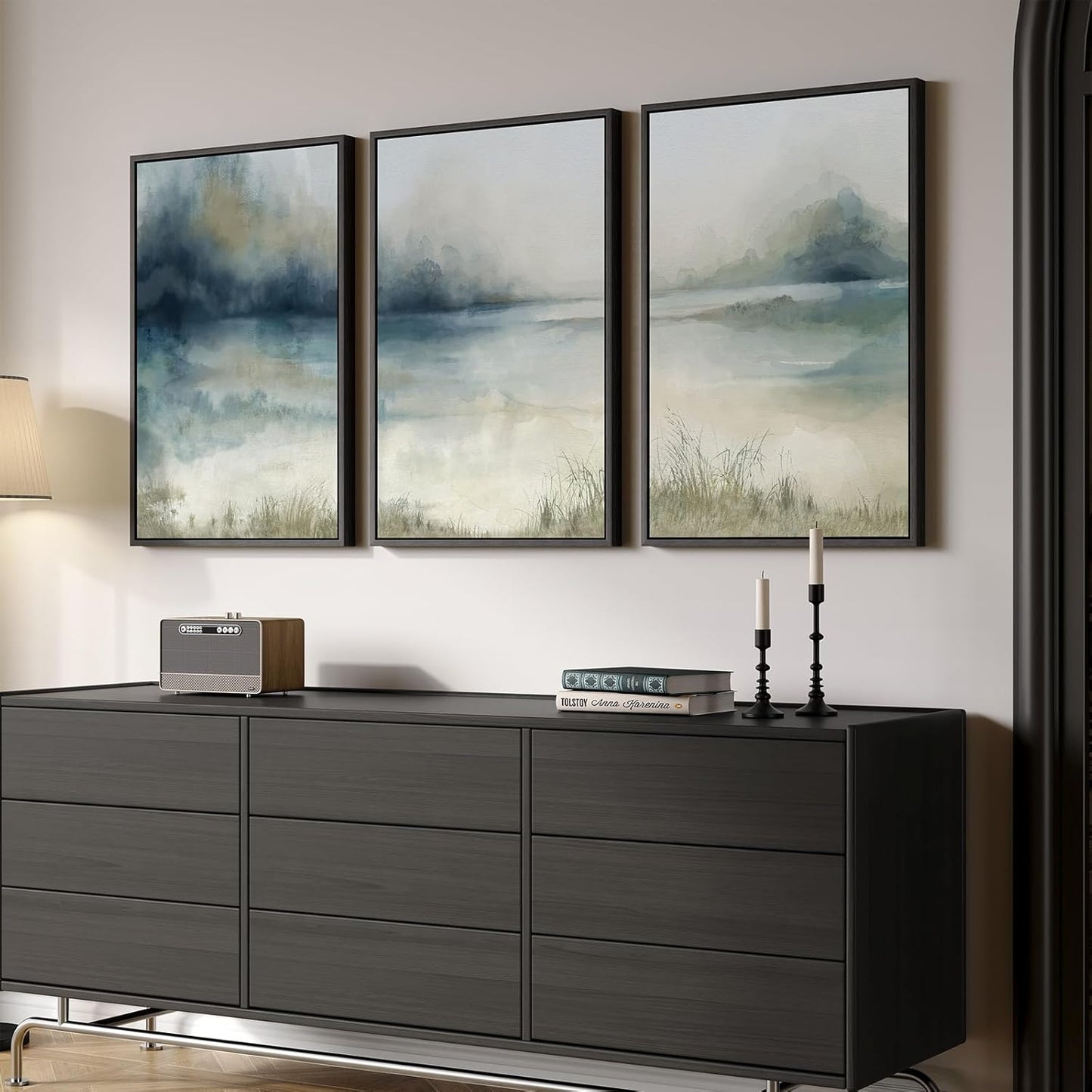 Large Framed Abstract Nature Landscape Wall Art for Living Room, 3 Piece Modern Canvas Prints Paintings Artwork for Walls, Blue Watercolor Lake Mountain Pictures for Hallway Office Wall Decor 24x36 In