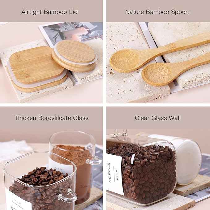 CZSZYGHBAO 6 Pack Glass Jars with Bamboo Lid and Spoons - 17Oz/27Oz Borosilicate Glass Jars with 132 Pantry Labels - for Coffee Beans, Tea, Sugar & More