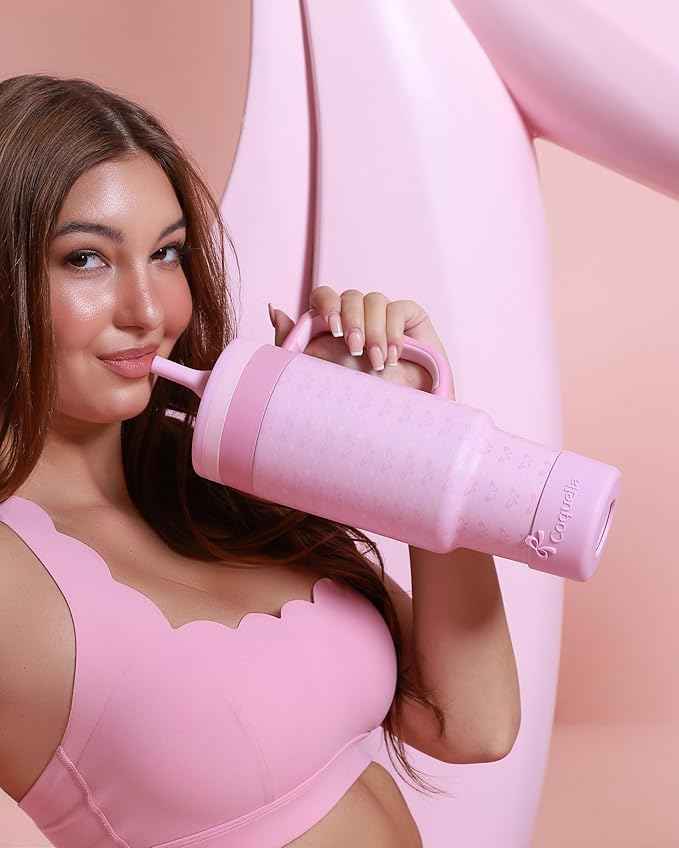 40 oz Insulated Tumbler with Handle and Push-Button Straw Lid, Stainless Steel Travel Cup for Gym Office, Leakproof, BPA-Free, Cup Holder Friendly, Bow Silicone Boot, Pink (Coquette Candy)