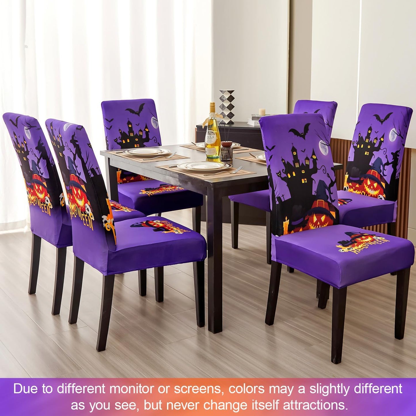 JQinHome Purple Halloween Chair Slipcover, Castle Chair Covers Set of 6, High Stretch Washable Chair Protector Cover for Dining Room, Kitchen,Home Party,Wedding Ceremony(Purple,6PC)