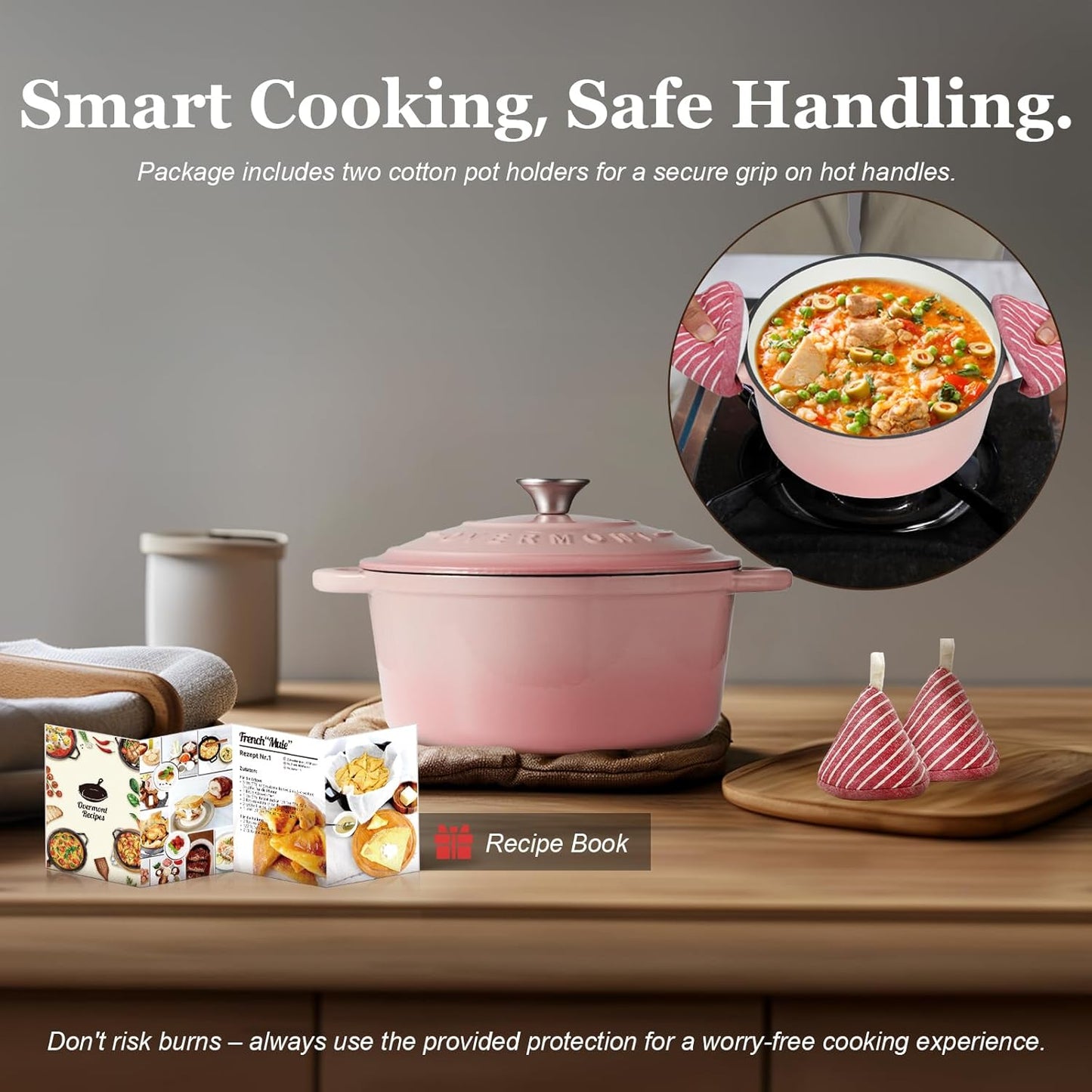 Overmont Enameled Cast Iron Dutch Oven - 5.5QT Pot with Lid Cookbook & Cotton Potholders - Heavy-Duty Cookware for Braising, Stews, Roasting, Sourdough Baking pink