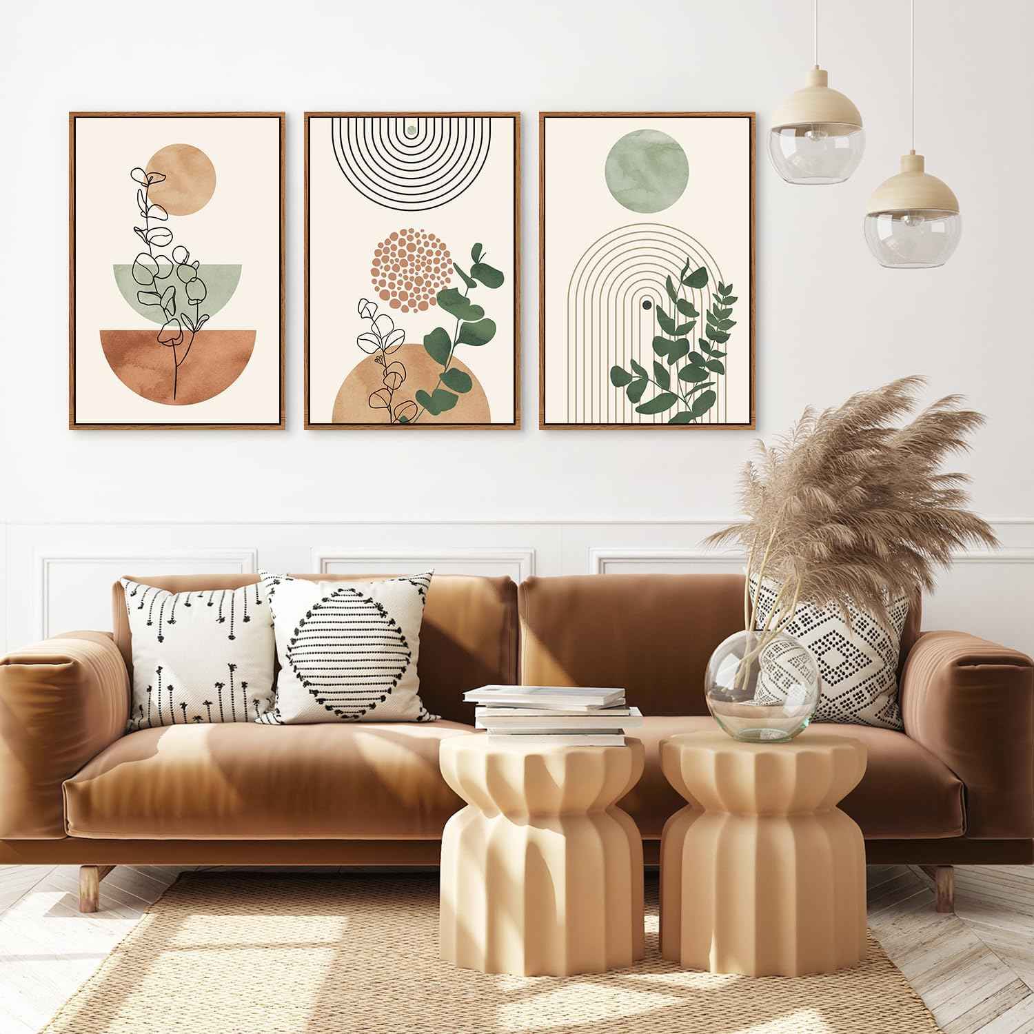 Boho Terracotta Green Framed Canvas Wall Art Set, Abstract Plant Wall Decor, Mid Century Modern Geometric Wall Painting, Neutral Abstract Art Print to Living Room, Bedroom, Office 36"x24"x3