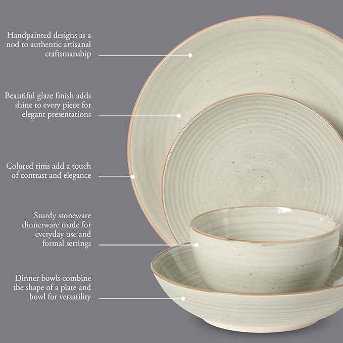 Gibson Home Stonebury 16 Piece Plates and Bowls Cream Grey Dishes - Handpainted Stoneware Dinnerware Set - Service for 4