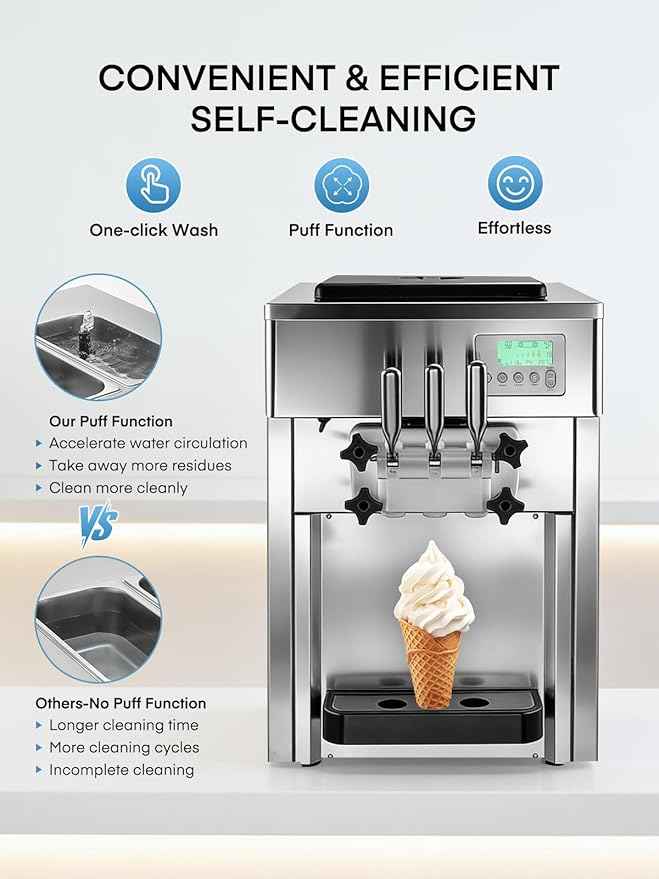 Commercial Ice Cream Machine 5.3-7.4 Gal/H, 3 Flavors Countertop Soft Serve Ice Cream Machine with 8L Hopper, Auto Clean Ice Cream Maker With Pre-Cooling for Snack Restaurants Bars, 1800W