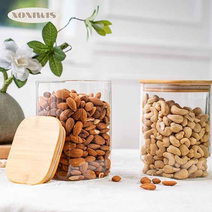 37oz 4PCS Glass Storage Containers with Lids, Glass Jars with Lids Pantry Food Storage Jars, Square Canister For Cookie, Nuts, Snack, Cereal, Candy, LeafTea, Coffee, Spice