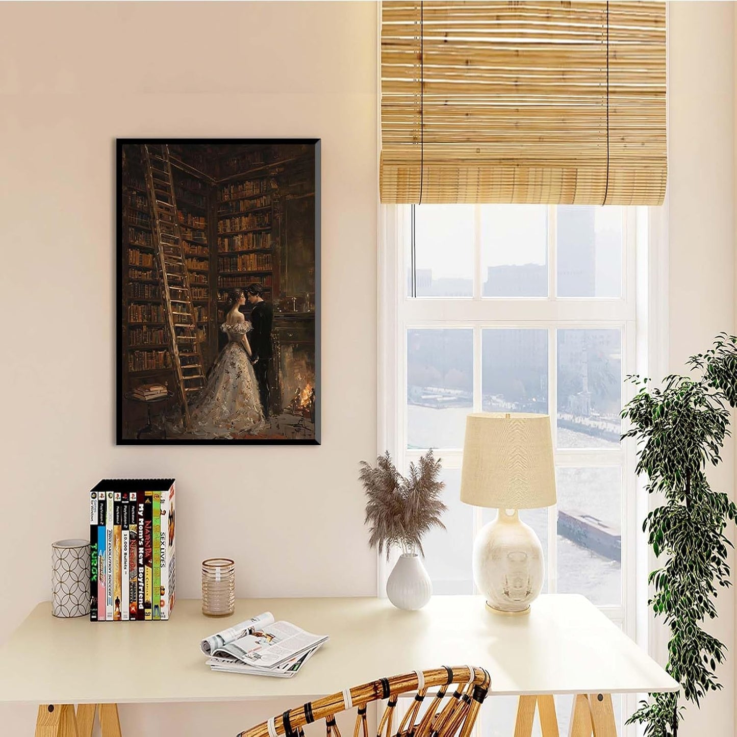 JFHCQJPK Gothic retro library scene decoration melancholy calm art college style wall aesthetic antique style home decoration suitable for bedroom living room8x12in Metal blackFramed