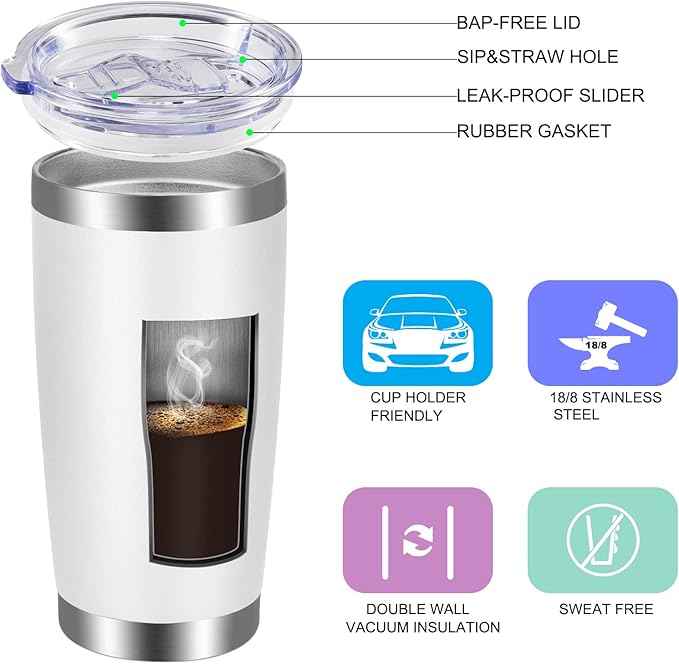 VEGOND 20oz Tumbler with Lid and Straw Stainless Steel Tumbler Cup Vacuum Insulated Double Wall Travel Coffee Mug Powder Coated Coffee Cup, White, 1 Pack