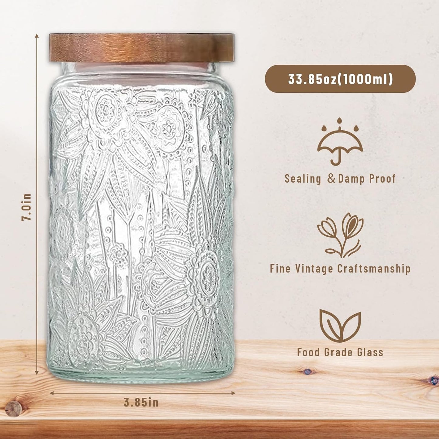 Vintage Glass Jars with Wooden Lids, 2 Pack 34 oz Airtight Glass Food Storage Containers Sets for the Kitchen, Sugar Coffee Candy Spice Cookie Tea Pasta